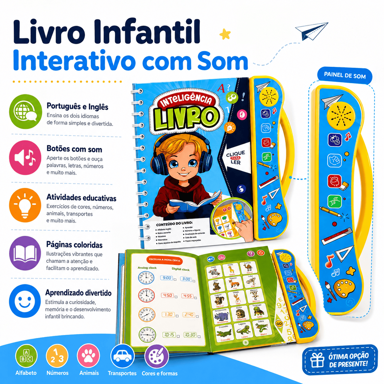 Livro Interativo Infantil Bilíngue com Som Português e Inglês