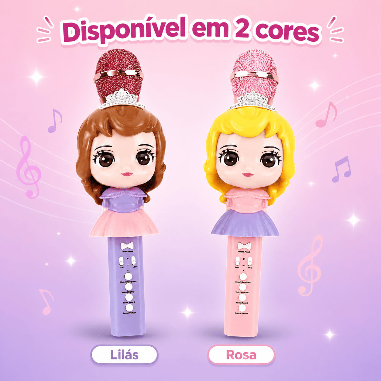 Microfone Karaokê Infantil Princesa com Bluetooth e Efeito de Voz