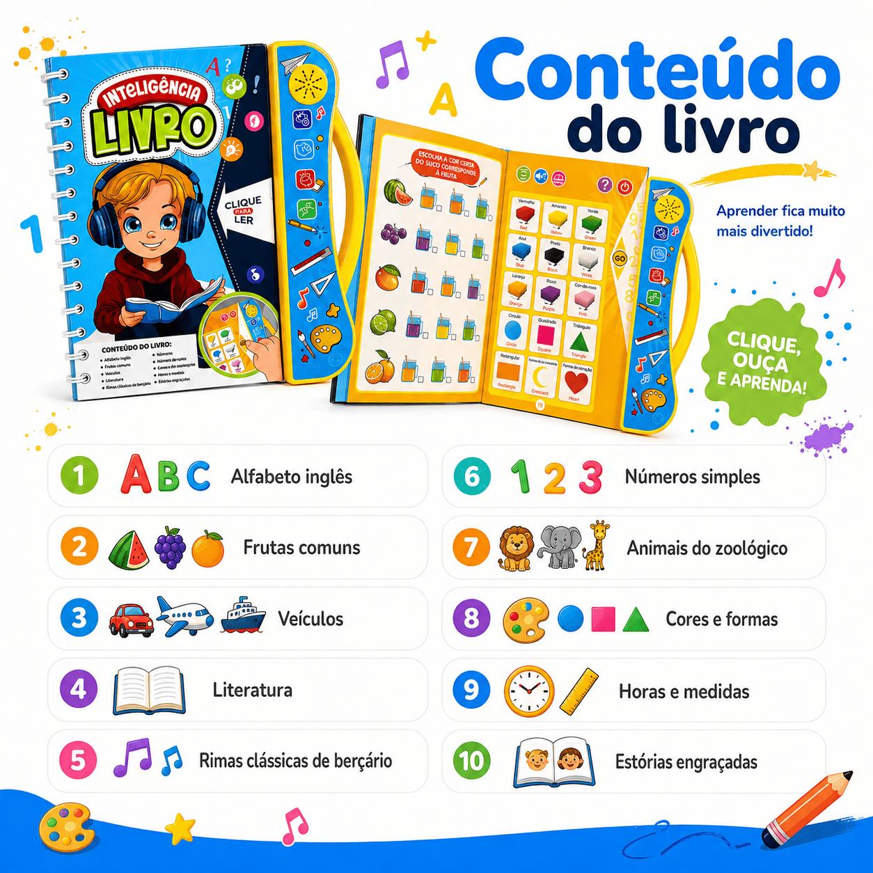 Livro Interativo Infantil Bilíngue com Som Português e Inglês