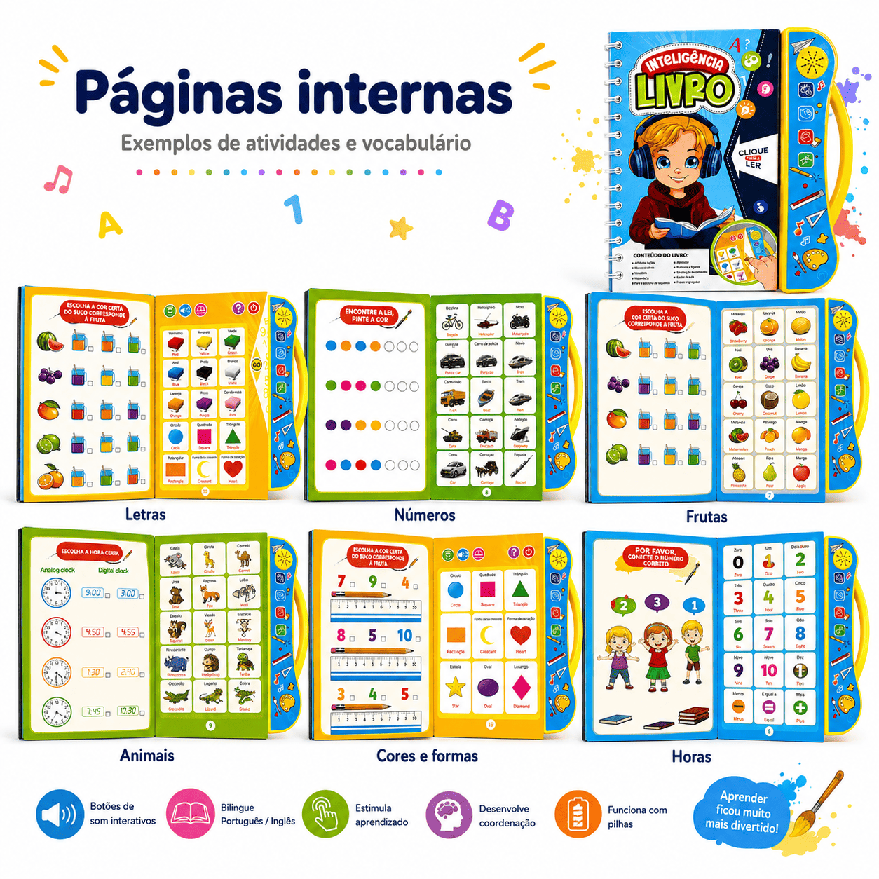 Livro Interativo Infantil Bilíngue com Som Português e Inglês