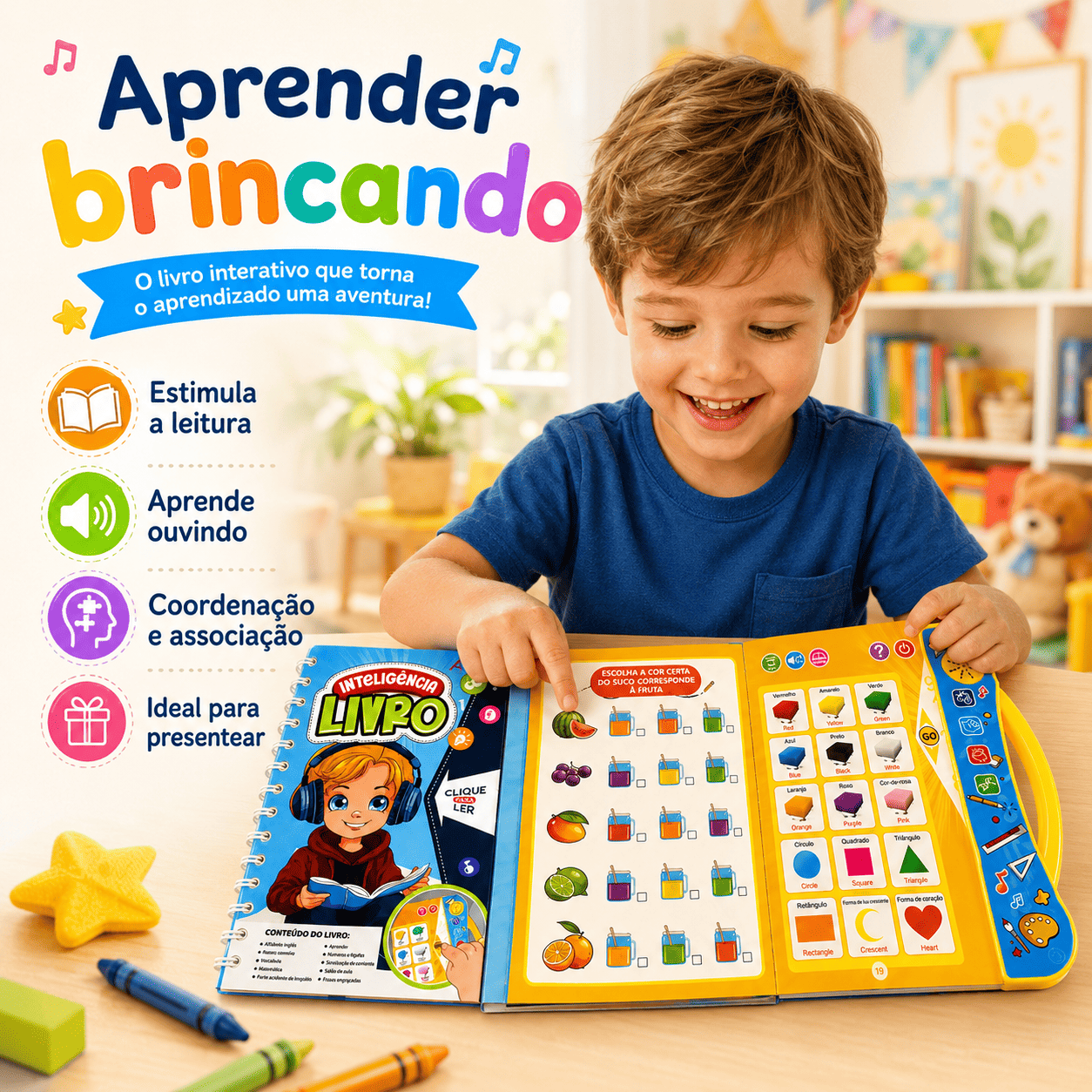 Livro Interativo Infantil Bilíngue com Som Português e Inglês