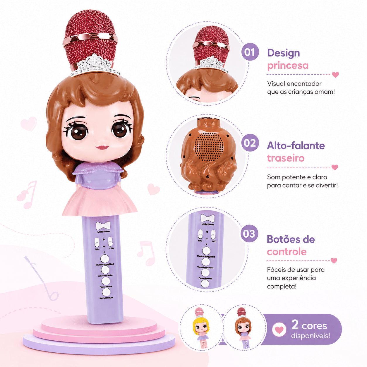 Microfone Karaokê Infantil Princesa com Bluetooth e Efeito de Voz