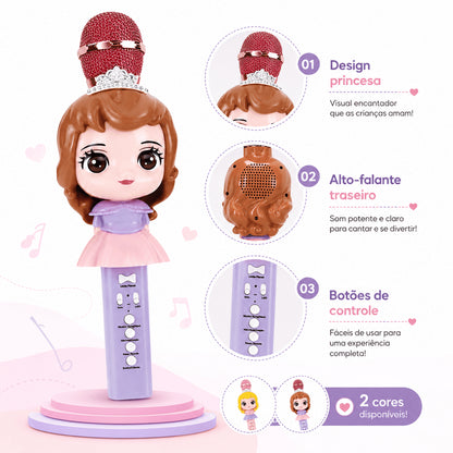Microfone Karaokê Infantil Princesa com Bluetooth e Efeito de Voz