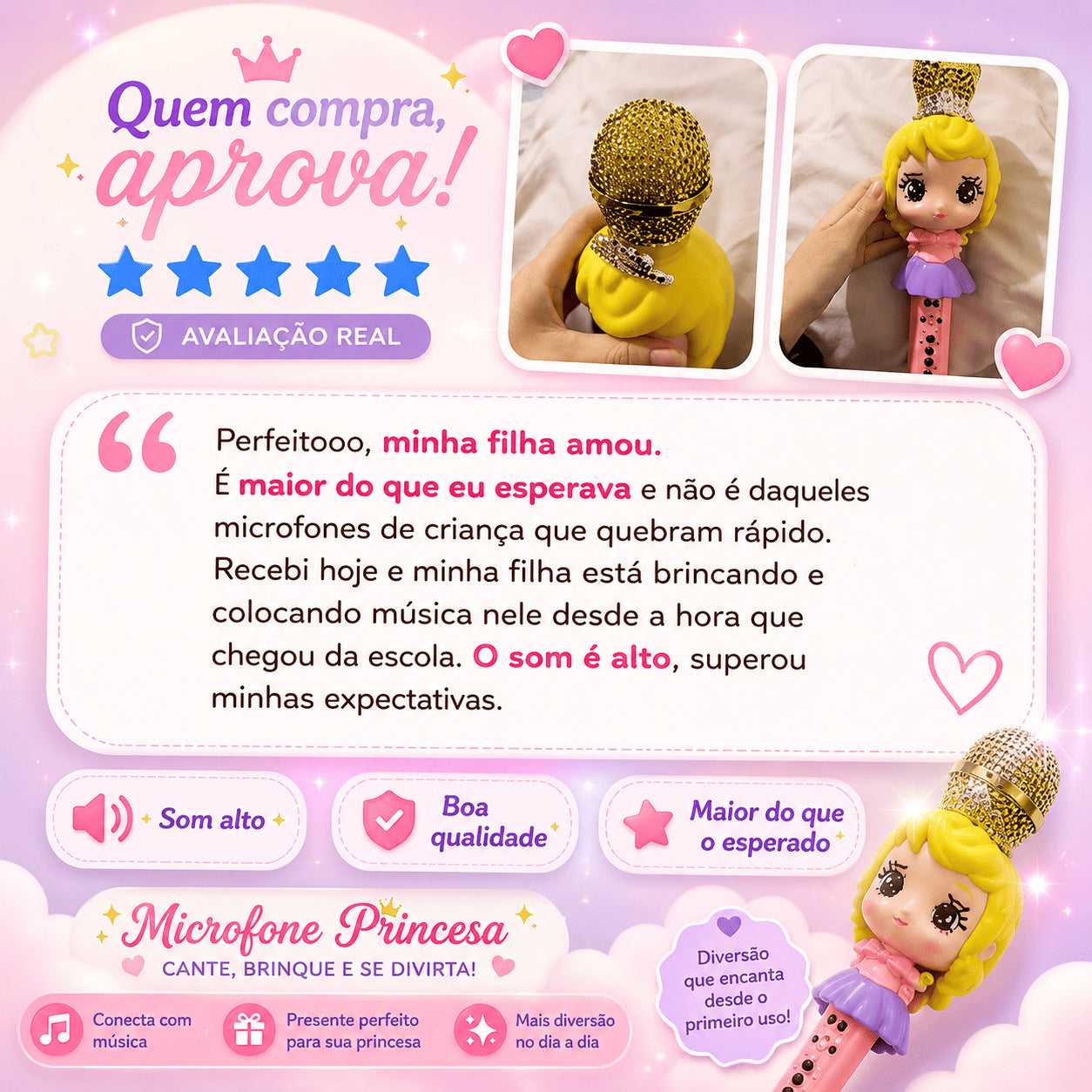 Microfone Karaokê Infantil Princesa com Bluetooth e Efeito de Voz
