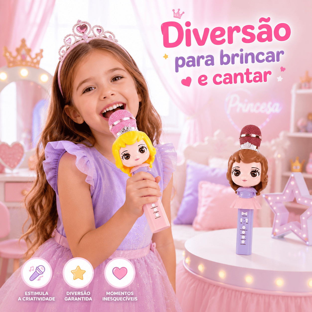 Microfone Karaokê Infantil Princesa com Bluetooth e Efeito de Voz
